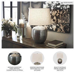 Luxury design Silver <b>Table</b> Lamp Textured Metallic Base Linen Fabric Shade Elegant <b>Bedside</b> Nightstand Light Home Decor - Product Image 4