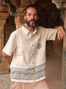 Men Handspun Khadi Cotton Short Sleeve Shirt Ivory White Casual Summer Button-<b>Down</b> with Geometric Hand-Block Printed Pocket - Product Image 4