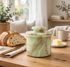 Pot rond en onyx vert sculpté à la main avec couvercle, boîte à beurre avec poignée pour la décoration de la maison - Product Image 2