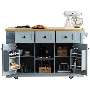 53-Inch Large Kitchen Island Cart 5 Rollable Wheels 5 Openings Drop Leaf Power Outlet Door Internal Kitchen Islands Carts - Product Image 1