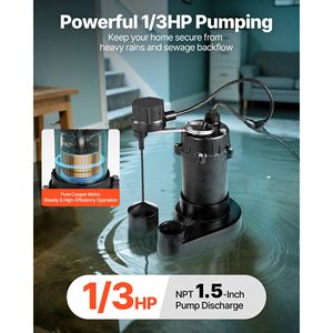 Pompa Sommergibile per Acque Reflue/Effluenti da 1/3 HP 3000 GPH con Interruttore a Galleggiante Automatico, Scarico NPT da 1,5 Pollici, Ghisa, 1 Pezzo - Product Image 2