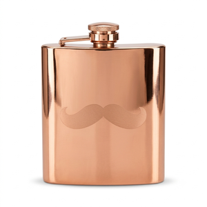 Mustache Etched Copper Finish Metal Hip Flask with Hinged Cap Novel Design for Men Travel Barware Gift Wholesale Export Supplier - Product Image 1