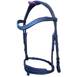 Brida de salto para caballo de cuero de Habana de alta calidad con narigueña y frenteera elevadas con costuras decorativas, equipo ecuestre - Product Image 1