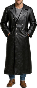Plus Size <b>Men's</b> <b>Black</b> Leather <b>Long</b> Overcoat Double Breasted Turn Down Collar Trench <b>Coat</b> - Product Image 4