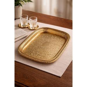 Bandeja de Servir de Latón de Diseño Tradicional, Forma Ovalada, Diseño de Borde Personalizado, Bandejas de Lujo para Servir Aperitivos y Bebidas, Decoración para Bodas - Product Image 1