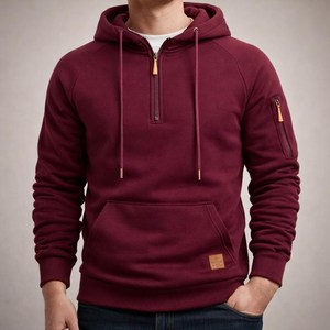เสื้อฮู้ดซิปผู้ชาย สีแดงเลือดหมู ผ้าฝ้าย 100% เฟรนช์เทอร์รี่ สวมใส่สบายสำหรับฤดูหนาว มีกระเป๋า แต่งสีตัดกัน ทรงปกติ - Product Image 2