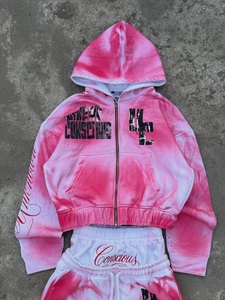 Custom Pink <b>Tie</b> <b>Dye</b> Sweatsuit Women Cropped Zip Hoodie Wide Leg Sweatpants <b>Set</b> Streetwear Two Piece Outfit - Product Image 4