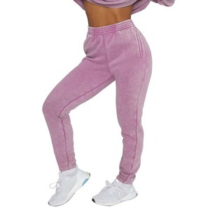 Pantalones deportivos casuales de mujer, de felpa rosa con lavado ácido, de cintura alta y puños elásticos - Product Image 1