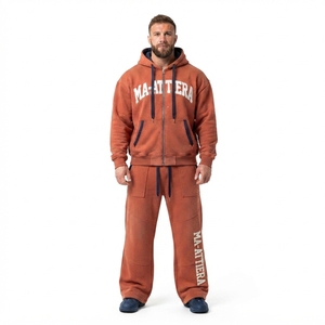 Mens Washed Rust <b>Orange</b> Zip Up Hooded Tracksuit Set Graphic Print Streetwear <b>Hoodie</b> and Jogger Pants - Product Image 1