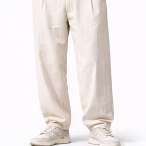 Pantalones Casuales de Hombre Beige con Rayas Finas, Corte Regular, Pierna Ancha, a la Moda, de Peso Medio, Impermeables, con Estampado Otoñal - Product Image 1