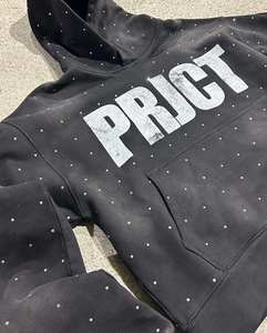 Sudadera con capucha unisex de poliéster/algodón grueso con cremallera, efecto desgastado vintage, logotipo de diamantes de imitación personalizado, para invierno, al por mayor - Product Image 2