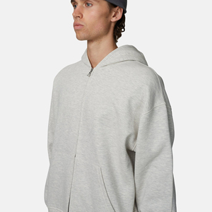 <b>Men's</b> Oversized Hooded Zip-Up Sweatshirt Solid Gray Cotton French Terry Casual Autumn Fit Regular Sleeve - Product Image 5