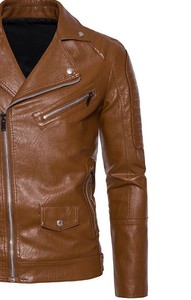 Men's Brown Genuine Leather Moto Biker <b>Jacket</b> Zipper Closure Slim Fit Turn-down Collar Autumn Wear - Product Image 5