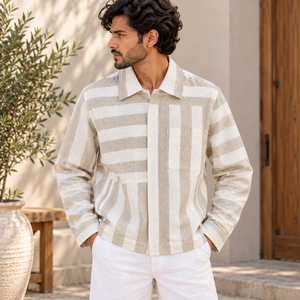 ZEDAAR Camisa de Lino a Rayas para Hombre, Manga Larga, Estilo Casual, con Bolsillo en el Pecho, Cierre de Pullover, Prenda Premium - Product Image 1