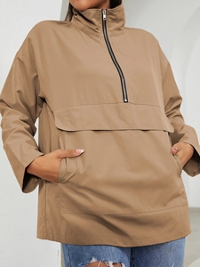 Women Camel Windbreaker <b>Jacket</b> Half Zip Pullover Coat <b>Ladies</b> Fashion Front Pocket Outerwear Casual High Neck Top New - Product Image 4