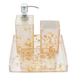 Elegante Juego de Baño de Cinco Piezas de Resina Redonda con Detalles Dorados, Impermeable, Ecológico y Moderno, Dispensador de Jabón, Vaso y Bandeja - Product Image 5