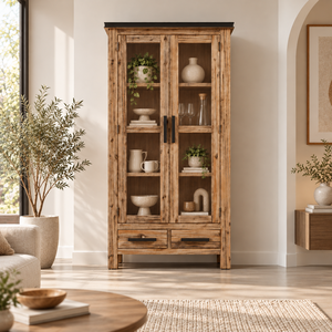 ATLAS Collection <b>Vintage</b> Style Acacia Wood Living Room <b>Cabinet</b>, Glass Door Display Storage For Home Decoration - Product Image 4