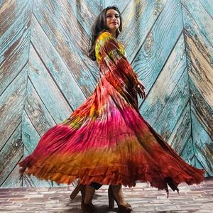 Traditionnel Tie Dye Motif Kimono Veste Bohème Festival Surdimensionné Veste Dentelle Garniture Femmes Kimono Longue Kimono Robe - Product Image 1