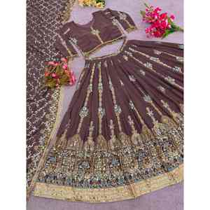 Fantasía Georgette bordado estilo indio y pakistaní Lehenga Choli con Dupatta en color marrón - Product Image 3