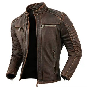 Men Genuine Leather Moto Biker <b>Jacket</b> Stand Collar Zipper Front Slim Fit Autumn Riding Outerwear - Product Image 1