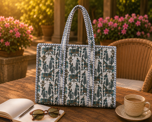 <b>Large</b> Boho Quilted Cotton Shoulder Tote <b>Bag</b> with Hand Block Print Floral Pattern-Reusable <b>Beach</b> & Winter Shopping <b>Bag</b> - Product Image 1