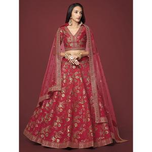 Lehenga Choli semi-cousu traditionnel en soie rouge brodée séduisant avec un chemisier par Zeel Clothing - Product Image 2