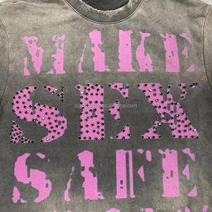 T-shirts graphiques personnalisés, T-shirt streetwear oversize avec strass, T-shirt en coton délavé à l'acide, T-shirt boxy pour hommes, fabricant - Product Image 5