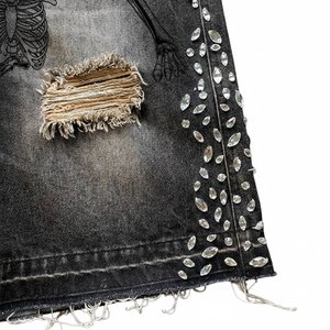 Shorts en jean déchirés taille haute avec strass, style streetwear, pour homme, noir, effet usé, été - Product Image 6