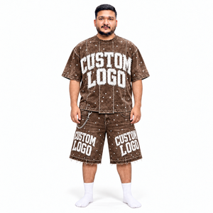 Custom Brown Rhinestone <b>Shorts</b> <b>and</b> <b>T</b> <b>Shirt</b> Set <b>Men</b> Oversized Boxy Streetwear Two Piece Distressed Raw Hem Private Label OEM - Product Image 3