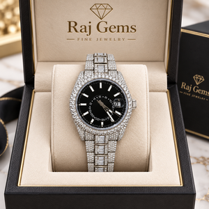 Reloj de Lujo Raj Gems con Diamantes, Resistente al Agua, Correa de Acero Inoxidable, Esfera Negra, Visualización de Fecha, Cuarzo Analógico, Unisex, Caja de 41 mm - Product Image 1