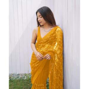 Saree fantaisie à broderie multi-fils et à séquences pour vêtements de mariage - Product Image 1