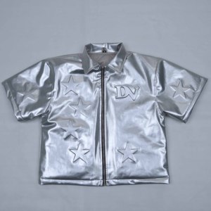 Premium Quality Custom Men's <b>Silver</b> PU Bomber <b>Jacket</b> Star Embossed Zipper Front Streetwear Short Sleeve Turn-down Collar <b>Jackets</b> - Product Image 3