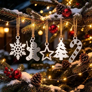 Ornements de Noël artisanaux en métal argenté, présentant des formes de flocon de neige, bonhomme en pain d'épices, étoile, arbre et canne en sucre pour une décoration festive - Product Image 3