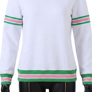 Pull blanc à col rond pour femme avec rayures vertes et roses, manches longues, tricoté, décontracté, pour l'automne, sweat-shirt à col rond pour sororité - Product Image 3