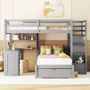 Full Over Twin <b>Bunk</b> <b>Bed</b> <b>with</b> <b>Desk</b> Drawers and Shelves in Gray for <b>Kids</b> - Product Image 2