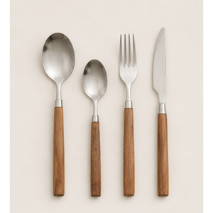 Ensemble de couverts élégants en acier inoxydable avec manche en bois de noyer naturel, finition polie miroir, style japonais, pour table à manger - Product Image 1