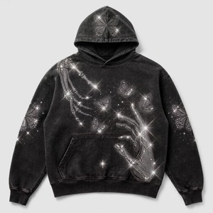 เสื้อฮู้ดดี้สตรีทแวร์แบรนด์ดัง ดีไซน์วินเทจสีน้ำเงินฟอกกรด ผ้าฟลีซ พรีเมียม ประดับเพชรลายโครงกระดูกและผีเสื้อ รับผลิตตามแบบ OEM - Product Image 1