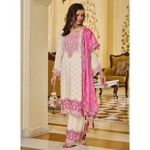DESIGNER GEORGETTE <b>CHAIN</b> SEQUENCE WORK <b>TOP</b> PALAZZO WITH DUPATTA WHITE - Product Image 1