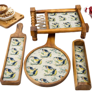 ชุดถาดไม้ทำมือแบบคัตติยะ สไตล์เรสติก ถาดเสิร์ฟชาร์ปาย งานฝีมืออินเดีย ถาดเสิร์ฟอาหาร ของตกแต่งบ้าน ชุดถาดของขวัญ - Product Image 1