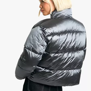 Unisex Black Puffer <b>Jacket</b> Stand Collar Zipper Closure Quilted Windproof Thick Winter Coat Front Logo Printing Casual Style - Product Image 4
