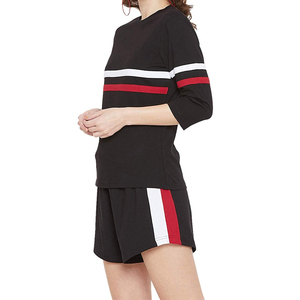 Women's <b>2</b> <b>Piece</b> Knitted Shorts <b>Set</b> Black Red <b>White</b> Striped Crew Neck Three Quarter Sleeve Loose Fit Sporty Casual All Seasons - Product Image 2