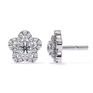 Boucles d'oreilles clous en moissanite, finition or blanc, avec pierres rondes brillantes et design floral élégant - Product Image 4