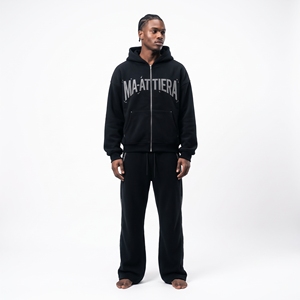Ensemble de survêtement pour homme avec sweat à capuche noir orné de strass, pantalon large à cristaux, style streetwear, logo personnalisé - Product Image 4