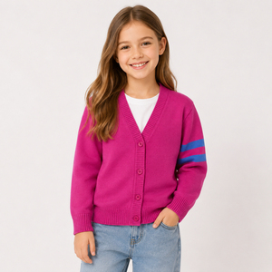 Cárdigan de punto rosa para niñas, cuello en V, manga larga, color sólido, cierre de botones, suéter de otoño - Product Image 1