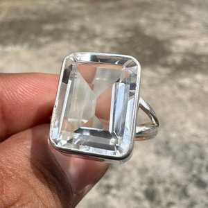 Faceted Clear <b>Crystal</b> Quartz <b>Ring</b> 925 Sterling Silver Statement Jewelry Elegant Gift For Her Minimalist - Product Image 2