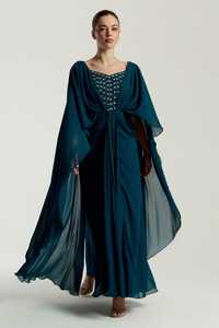 Vestido de noche de gasa color verde azulado con cuello corazón, manga larga, con cuentas, diseño cruzado, antiarrugas, sujetador incorporado, elegante, largo hasta el suelo, estilo tubo. - Product Image 4