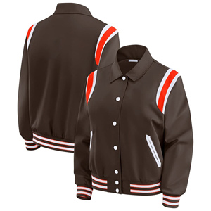 Women Varsity Jacket Brown Orange <b>White</b> Contrast Trim Full Sleeve Turn-down Collar Single Breasted Woven Polyester Autumn Wear - Product Image 3