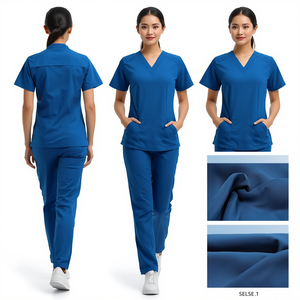 Women V Neck Scrub Set Short Sleeve Blue Medical Uniform Hospital Workwear Pants Polyester Cotton Woven Needle Detection - Product Image 2
