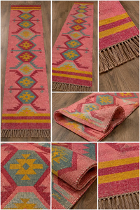 พรมปูพื้นสีชมพูทำจากขนสัตว์และปอกระเจา สไตล์โบโฮ สำหรับทางเดิน ทำด้วยมือ ลายคิลิม ลายเรขาคณิต เหมาะสำหรับทางเข้าบ้าน สไตล์สแกนดิเนเวียน ฟาร์มเฮาส์ - Product Image 6