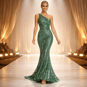 Robe de soirée élégante vert émeraude à une épaule ornée de paillettes |   Robe de soirée sirène de luxe pour mariage, fête et look de tapis rouge - Product Image 2
